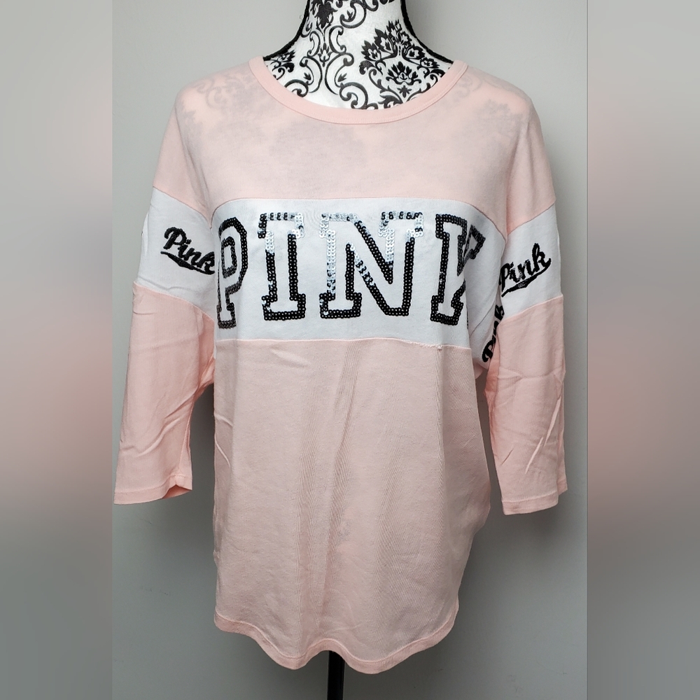 Victoria's Secret Pink Scoop Neck Shirt Tee Top White/Pink Bling XS